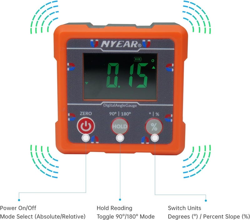 NYEAR Digital Electronic Angle Gauge Type-C Rechargeable, Four sided strong magnet, IP67 waterproof rating, Measures 0-90 and 0-180 Degree Ranges, Measures and Sets Angles or TAN - Image 4